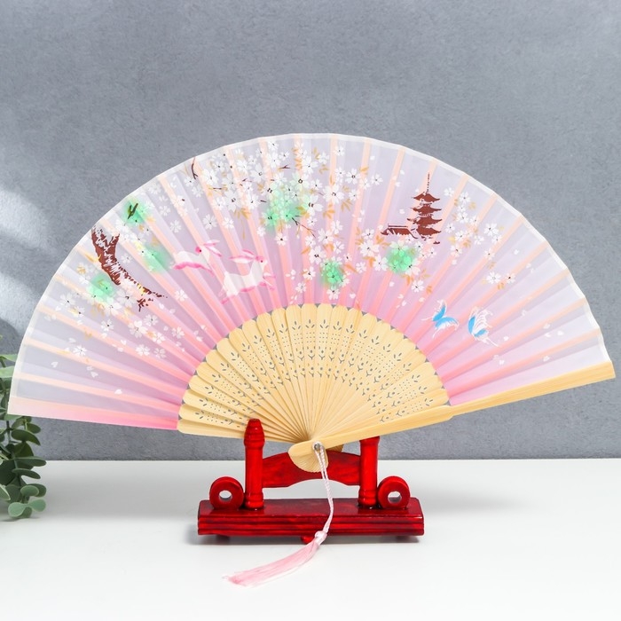 Веер дерево, текстиль h=21 см Веер дерево, текстиль h=21 см "Зайчики у сакуры" розовый, с кисточкой