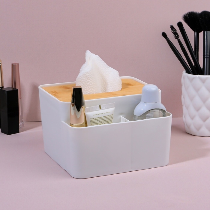 Органайзер для хранения «BAMBOO», с крышкой, 3 секции, 16 × 15 × 10 см, цвет белый/коричневый Органайзер для хранения «BAMBOO», с крышкой, 3 секции, 16 × 15 × 10 см, цвет белый/коричневый