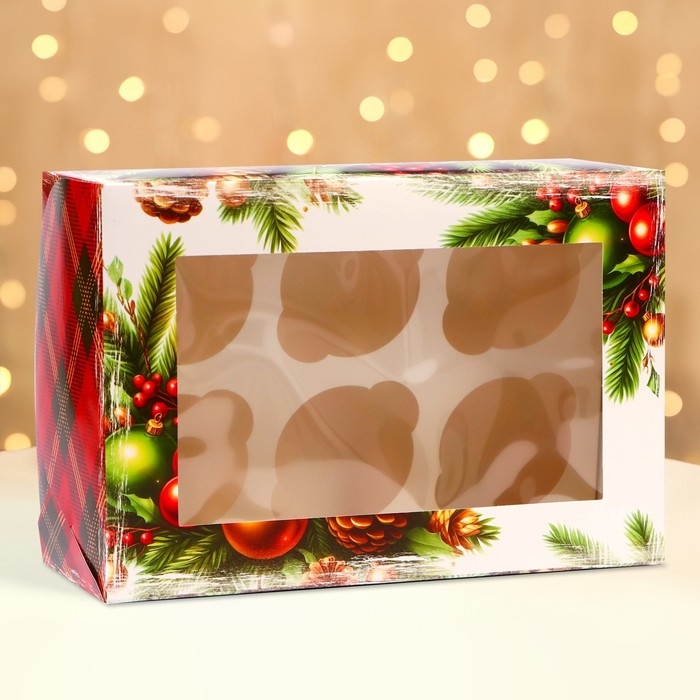 Новый год. Коробка для 6 капкейков с окном Новый год. Коробка для 6 капкейков с окном "Новогодняя с шишками", 25 х 17 х 10 см, упаковка