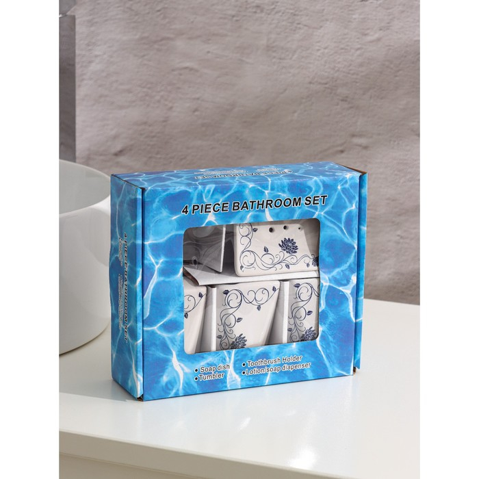 Набор аксессуаров для ванной комнаты &laquo;Пейзаж. Сад&raquo;, 4 предмета (дозатор 250 мл, мыльница, 2 стакана), цвет белый