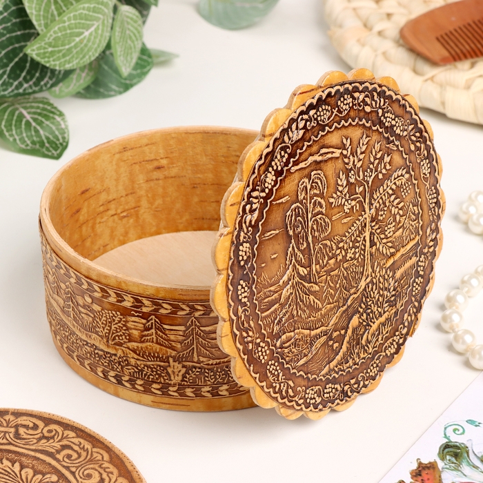 Шкатулка "Пейзаж с деревом", 100 х 40 мм, береста