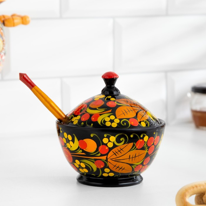 Сахарница, с ложкой, 10,5&times;7,5 см, хохлома