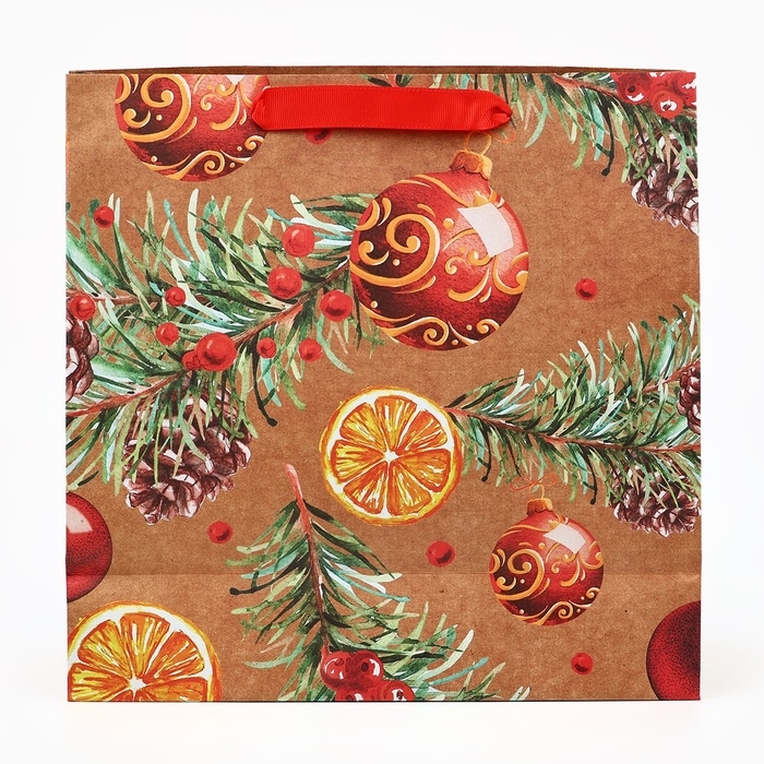 Пакет подарочный новогодний крафтовый квадратный &laquo;Новогоднее настроение&raquo;, 30 х 30 х 12 см, Новый год