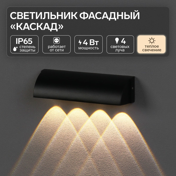 Светильник фасадный &laquo;Каскад&raquo;, FSD-092, 4 Вт, 3000К, 4 луча, IP65, 220 В, металл, черный