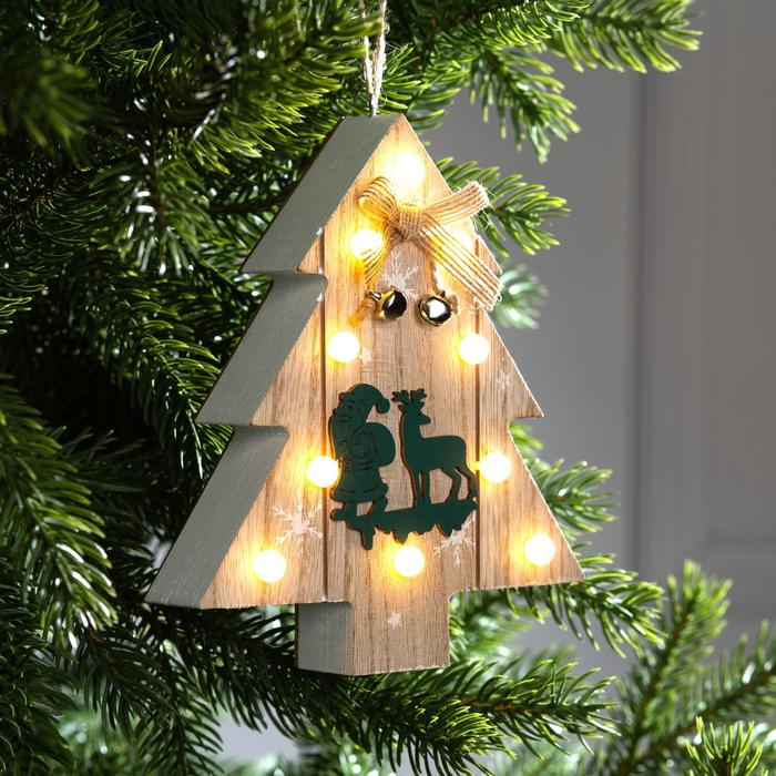 Ёлочная игрушка &laquo;Ёлочка с Дедом Морозом и оленем&raquo;, от батареек, свечение тёплое белое