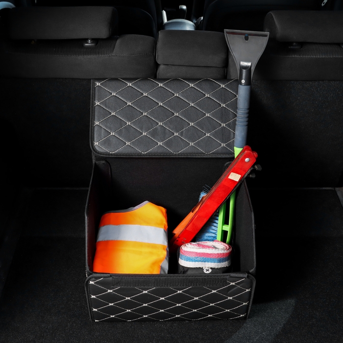 Органайзер саквояж в багажник автомобиля, 40&times;32&times;30 см, экокожа, черный с белой строчкой