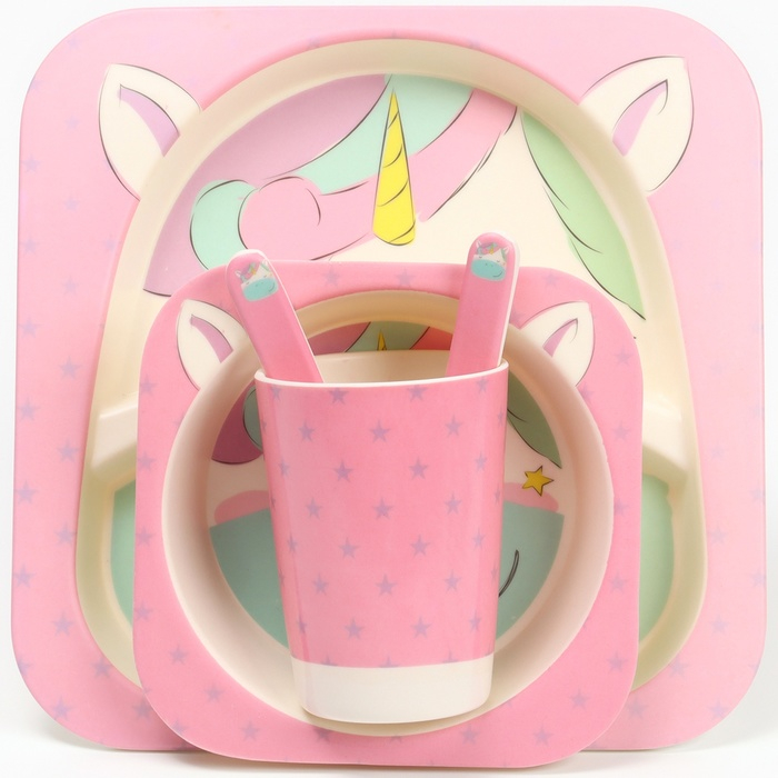 Набор бамбуковой посуды &laquo;Единорожка&raquo;, тарелка, миска, стакан, приборы, 5 предметов