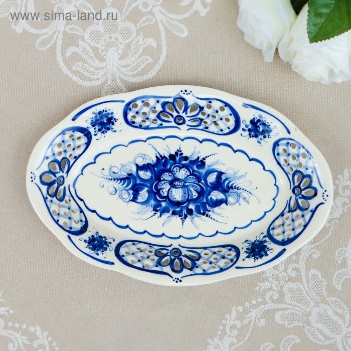 Блюдо Блюдо "Ажурное", гжель, фарфор, 30х20 см