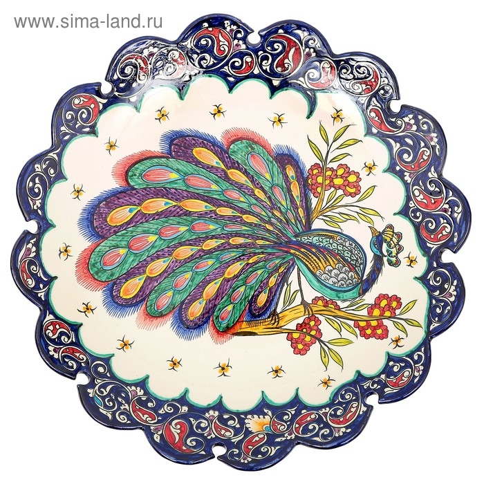 Ляган Риштанская Керамика "Жар птица", 42 см, синий, рифлённый