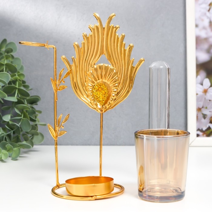 Подсвечник металл, стекло на 1 свечу с вазой Подсвечник металл, стекло на 1 свечу с вазой "Золотое перо павлина" d-5 см, 7,5х12х17,5 см