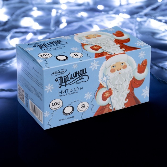 Гирлянда &laquo;Нить&raquo; 10 м, IP20, белая нить, 100 LED, свечение белое, 8 режимов, 220 В