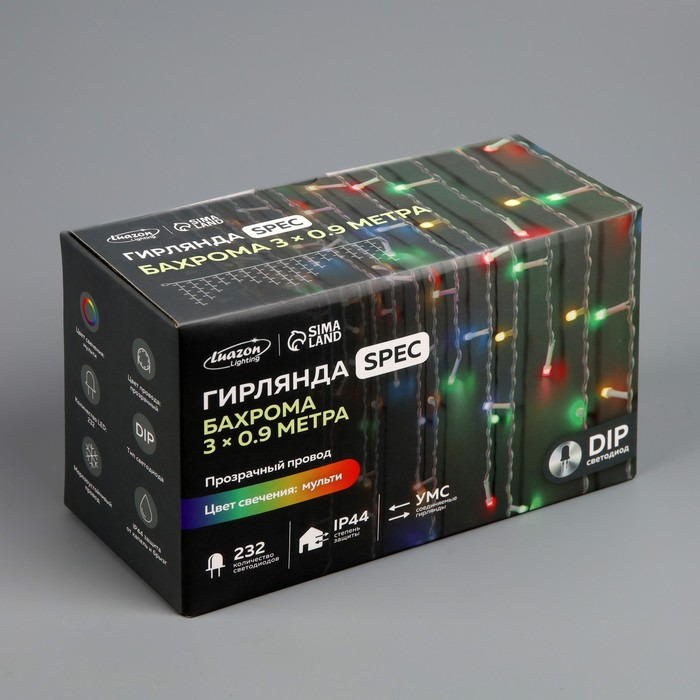 Гирлянда &laquo;Бахрома&raquo; 3 &times; 0.9 м, IP44, УМС, прозрачная нить, 232 LED, свечение мульти, 220 В