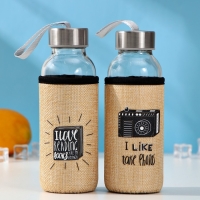 Бутылка для воды стеклянная в чехле «Идея», 300 мл, h=17,5 см, рисунок МИКС Бутылка для воды стеклянная в чехле «Идея», 300 мл, h=17,5 см, рисунок МИКС