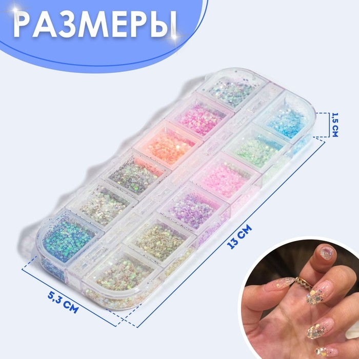 Блёстки для декора ногтей, 12 ячеек, мелкие, разноцветные Блёстки для декора ногтей, 12 ячеек, мелкие, разноцветные