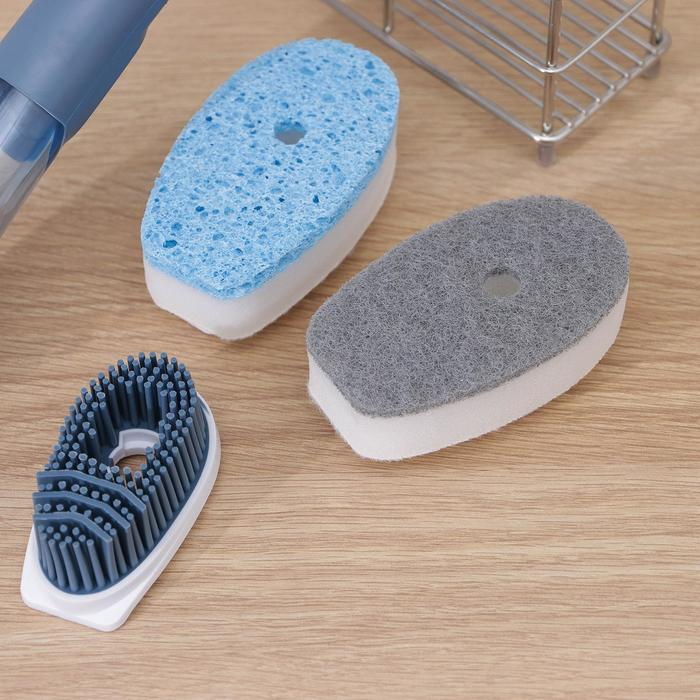 Набор для чистки посуды Raccoon &laquo;Практик&raquo;, ручка-дозатор, 4 щётки, держатель-стойка, цвет синий