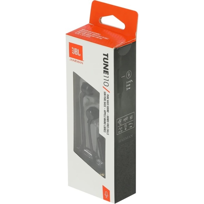 Наушники JBL T110, вакуумные, микрофон, 100дБ, 16 Ом, 3.5 мм, 1.2 м, черные Наушники JBL T110, вакуумные, микрофон, 100дБ, 16 Ом, 3.5 мм, 1.2 м, черные