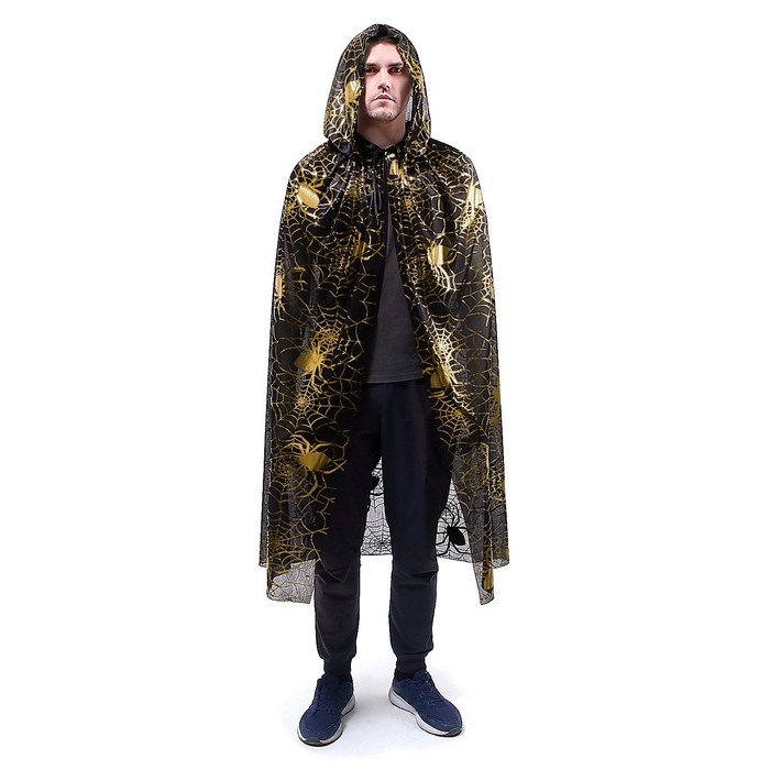 Карнавальный плащ с золотыми пауками с капюшоном, трикотин, длина 120 см