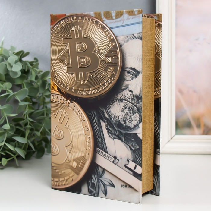 Сейф-книга дерево кожзам Сейф-книга дерево кожзам "Биткоин и доллар" 21х13х5 см