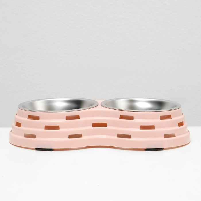 Миска металлическая двойная на пластиковом основании 2 х 160 мл, 25 х 14 х 5 см, розовая
