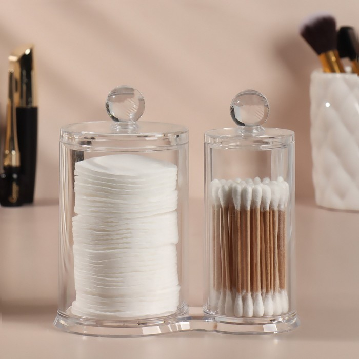 Органайзер для хранения ватных палочек и дисков, с крышкой, 2 секции, 12,5 &times; 7,3 &times; 13,5 см, в картонной коробке, цвет прозрачный