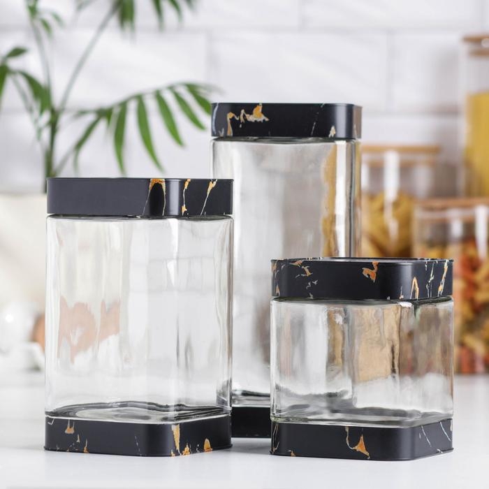 Набор банок стеклянных для сыпучих продуктов «Элегант», 3 предмета: 750/1000/1400 мл, цвет чёрный мрамор Набор банок стеклянных для сыпучих продуктов «Элегант», 3 предмета: 750/1000/1400 мл, цвет чёрный мрамор