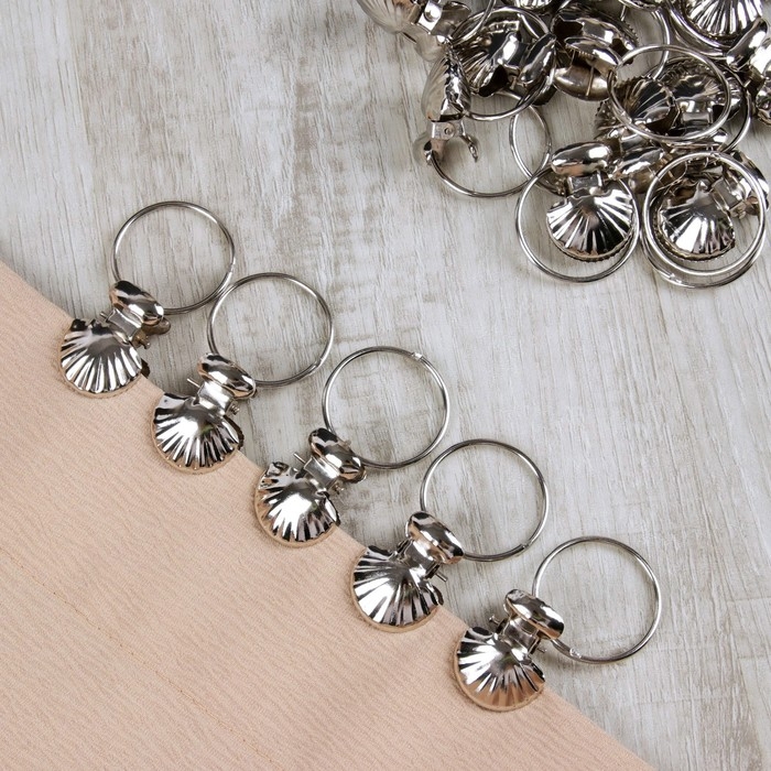 Кольцо для карниза, с зажимом &laquo;Ракушка&raquo;, d = 32/36 мм, 20 шт, цвет серебряный