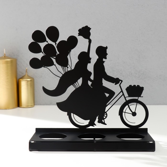 Подсвечник металл на 3 свечи "Романтичная поездка на велосипеде" чёрный 16,8х18,5х6 см