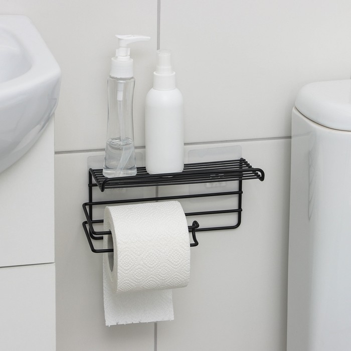 Полка на липучке Доляна, с держателем для полотенец, 19,5&times;9,5&times;8 см, цвет черный