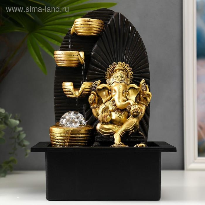 Фонтан настольный от сети, подсветка "Золотой Ганеша у водопада с чашами" 35х25х20 см