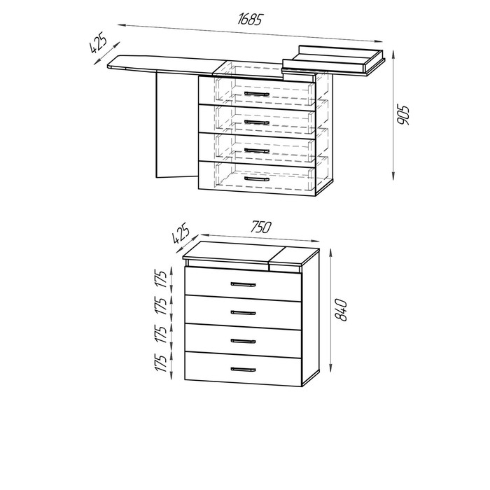 Комод с гладильной доской 750 (1 685) × 425 × 840 (905) мм, бодега тёмный/светлый Комод с гладильной доской 750 (1 685) × 425 × 840 (905) мм, бодега тёмный/светлый