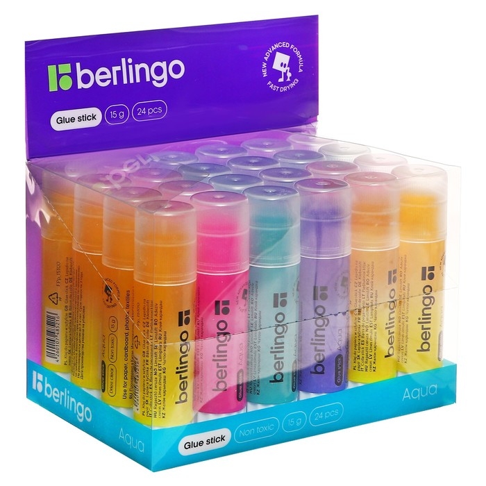 Клей-карандаш PVP 15 г Berlingo Aqua, цветной