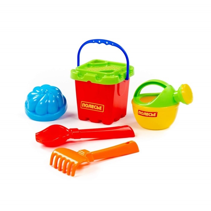 Песочный набор №169: ведро-крепость, ситечко-крепость, совок, грабельки, 1 формочка, лейка Песочный набор №169: ведро-крепость, ситечко-крепость, совок, грабельки, 1 формочка, лейка