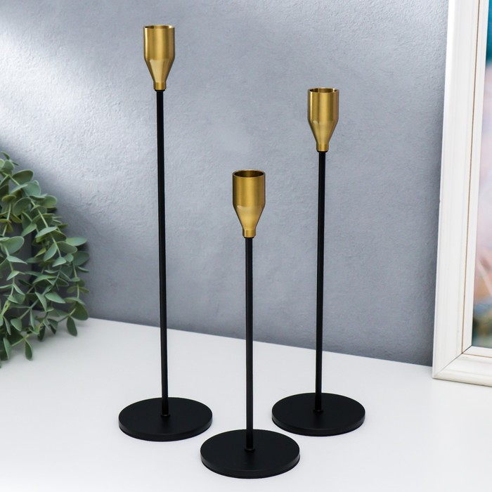 Подсвечник металл Подсвечник металл "Гало" набор 3 шт чёрный с золотом 8х8х22,5, 8х8х27,5, 8х8х32,5 см