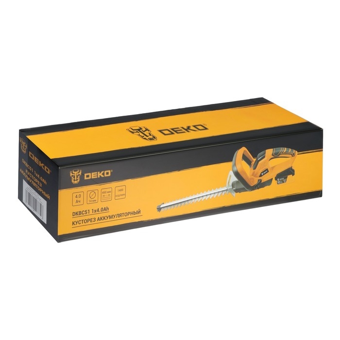 Кусторез аккумуляторный DEKO DKBC51, 20 В, 4 Ач, Li-lon, 510 мм, 1400 ход/мин, рез 14 мм Кусторез аккумуляторный DEKO DKBC51, 20 В, 4 Ач, Li-lon, 510 мм, 1400 ход/мин, рез 14 мм