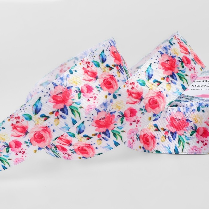 Лента атласная &laquo;Акварельные розы&raquo;, 25 мм, 23 &plusmn; 1 м, разноцветная