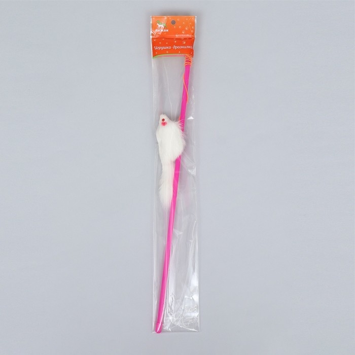 Дразнилка-удочка с белой мышью из натурального меха, 46 см