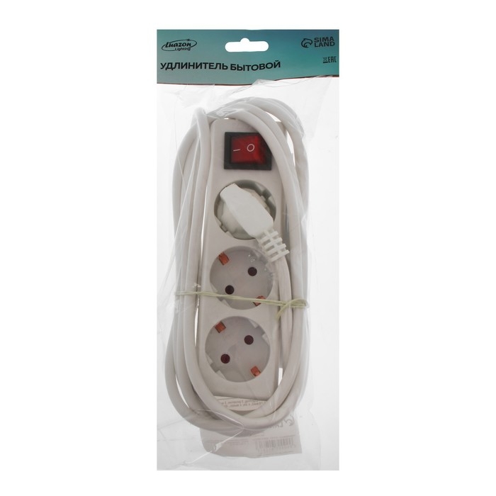 Удлинитель Luazon Lighting, 3 розетки, 3 м, 6 А, 1300 Вт, 3х0.75 мм2, с з/к, с выкл., Б Удлинитель Luazon Lighting, 3 розетки, 3 м, 6 А, 1300 Вт, 3х0.75 мм2, с з/к, с выкл., Б