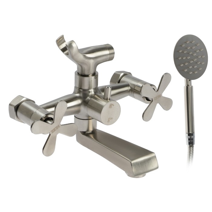 Смеситель для ванны ZEIN Z3732, двухвентильный, излив 10 см, лейка, шланг, сатин Смеситель для ванны ZEIN Z3732, двухвентильный, излив 10 см, лейка, шланг, сатин