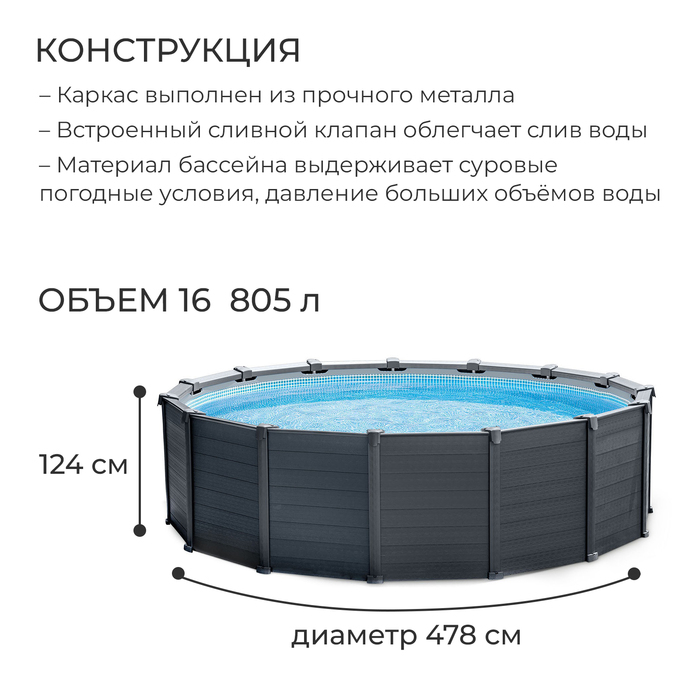 Бассейн каркасный Graphite Gray, 478 х 124 см, песчаный фильтр-насос, лестница, тент, подстилка, 26384NP INTEX Бассейн каркасный Graphite Gray, 478 х 124 см, песчаный фильтр-насос, лестница, тент, подстилка, 26384NP INTEX