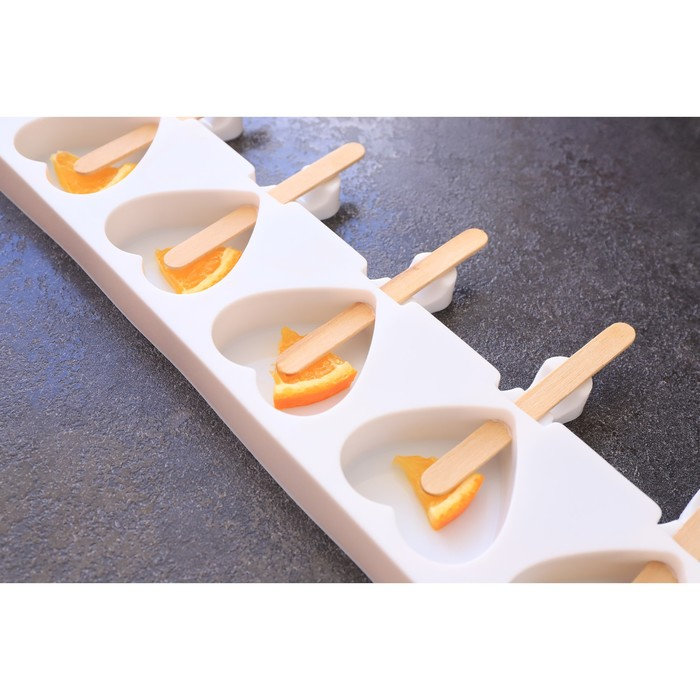 Форма для мороженого Доляна &laquo;Сердца. Макси&raquo;, силикон, 49&times;6,5&times;2 см, 8 ячеек, палочки 50 шт, цвет белый