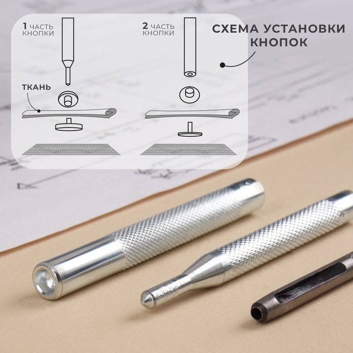 Набор инструментов для ручной установки S-образных кнопок, с матом, №633, d = 12 мм Набор инструментов для ручной установки S-образных кнопок, с матом, №633, d = 12 мм
