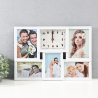 Мультирамка с часами 5 фото (13х18/2 шт, 10х15/3 шт) пластик, цв. белый Мультирамка с часами 5 фото (13х18/2 шт, 10х15/3 шт) пластик, цв. белый