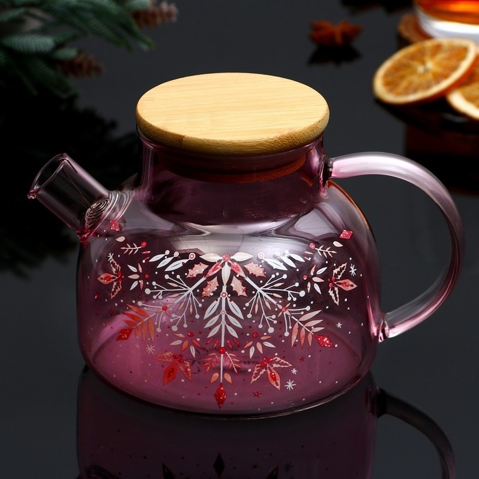 Новый год. Чайник заварочный стеклянный с бамбуковой крышкой &laquo;Розовая сказка&raquo;, 600 мл