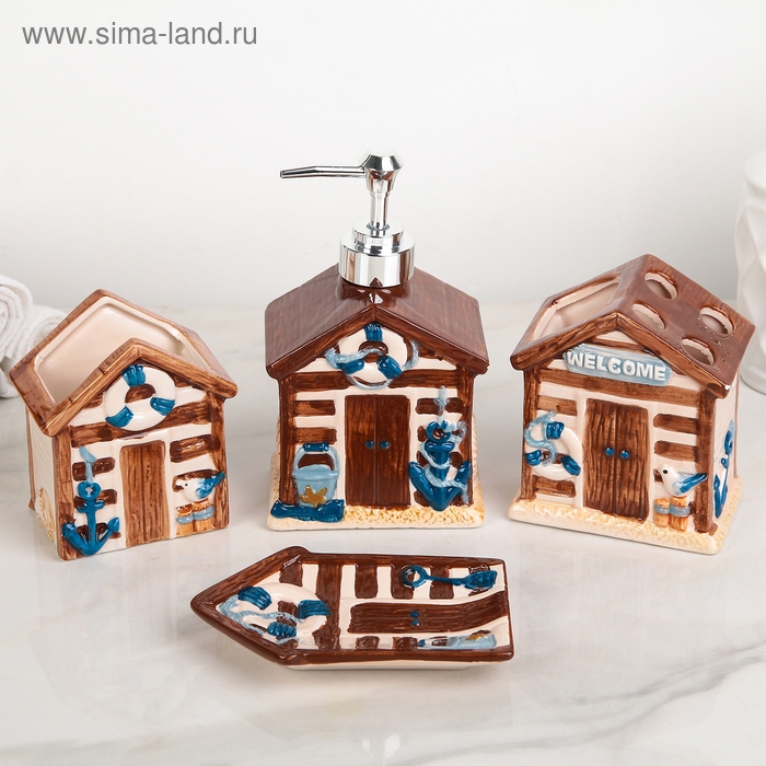 Набор аксессуаров для ванной комнаты Доляна &laquo;Маяк&raquo;, 4 предмета (дозатор 400 мл, мыльница, 2 стакана), цвет коричневый