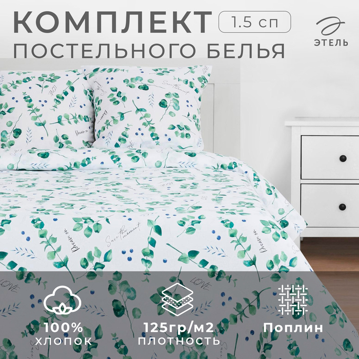 Постельное бельё &laquo;Этель&raquo; 1.5 сп Листья эвкалипта 143*215 см,150*214 см, 70*70 см 2 шт