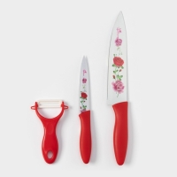 Набор кухонных принадлежностей Доляна &laquo;Нарцисс&raquo;, 3 предмета: 2 ножа с антиналипающим покрытием, лезвие 12 см, овощечистка, 20&times;4 см, цвет красный
