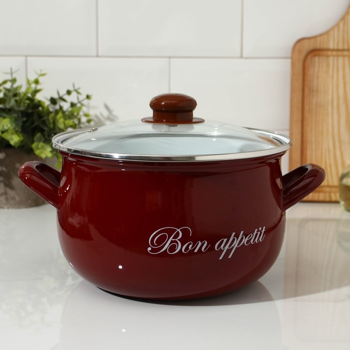 Кастрюля эмалированная, «Бордо», 4 л, стеклянная крышка, индукция, цвет бордовый Кастрюля эмалированная, «Бордо», 4 л, стеклянная крышка, индукция, цвет бордовый