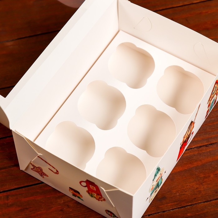 Новый год. Коробка для 6 капкейков с окном "Рождественский домик", 25 х 17 х 10 см, упаковка