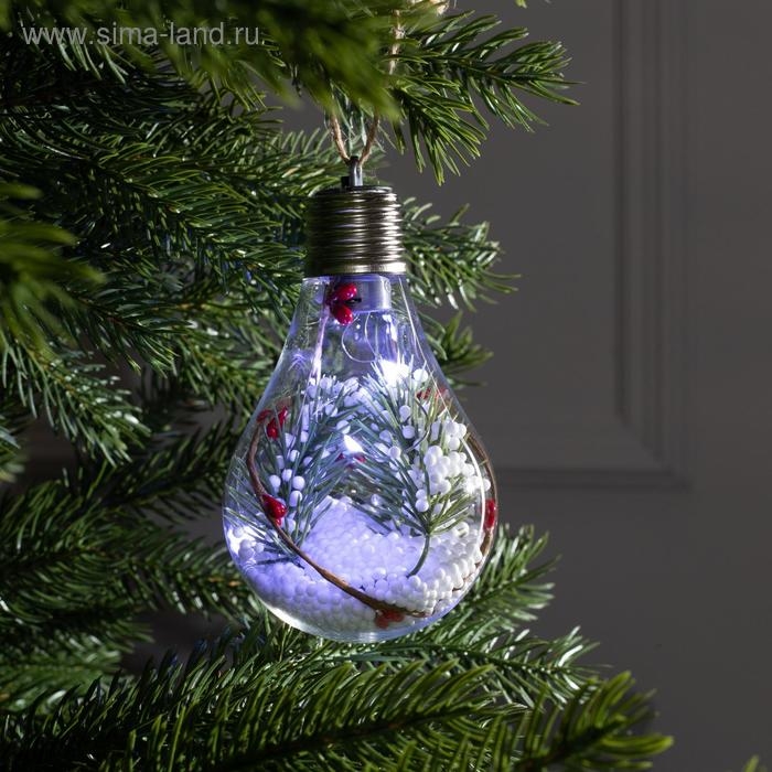 Ёлочный шар &laquo;Ветка ели&raquo;, батарейки, 5 LED, свечение белое