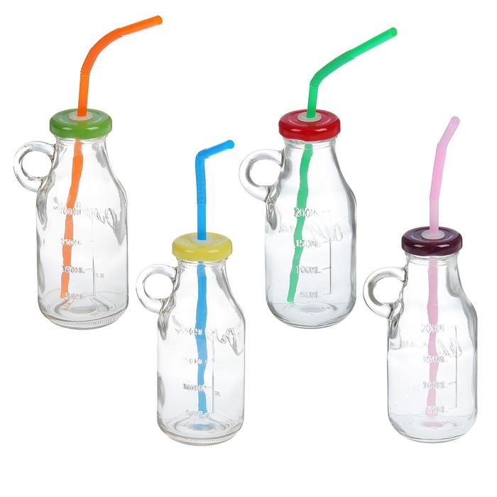 Бутыль стеклянная с крышкой и трубочкой, 200 мл, 7,5×6×14,5 см, цвет МИКС Бутыль стеклянная с крышкой и трубочкой, 200 мл, 7,5×6×14,5 см, цвет МИКС